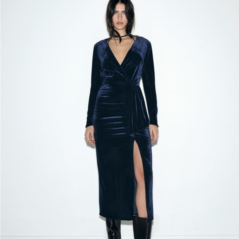 ZARA RUCHED VELVET MIDI DRESS - Picture 6 of 12